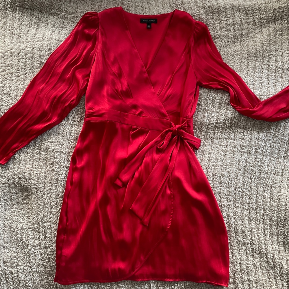 Beautiful Red silk wrap holiday dress from Banana Republic.